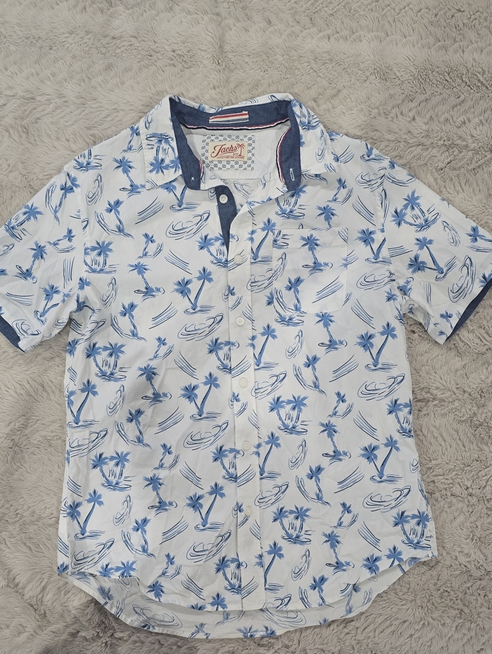 Jachs NY White Short-Sleeve Button-Down Shirt with Blue Palm Print
